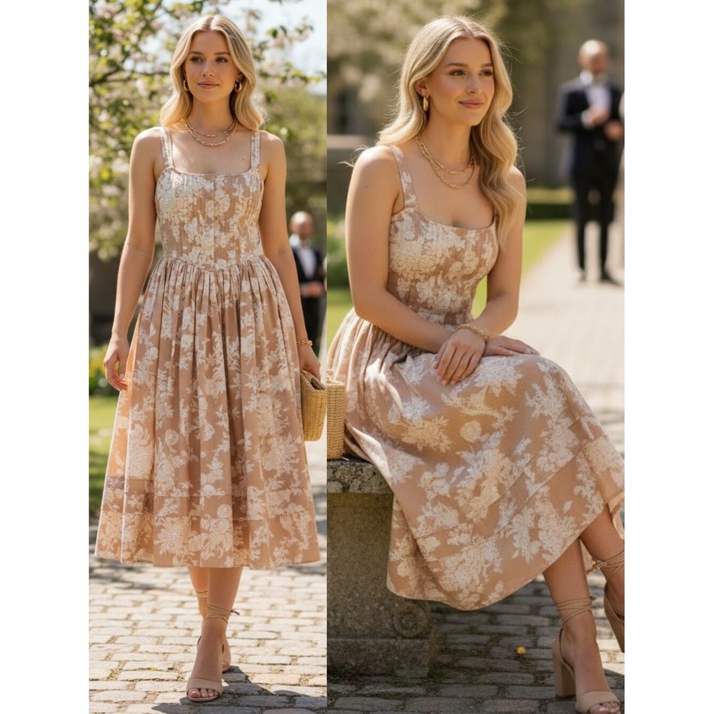 LoveShackFancy Majory Dress 10 Brown Tan Floral indie Midi Coquette Milkmaid